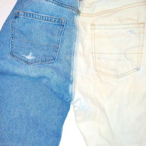AEO Mom two tone distressed raw hem jeans